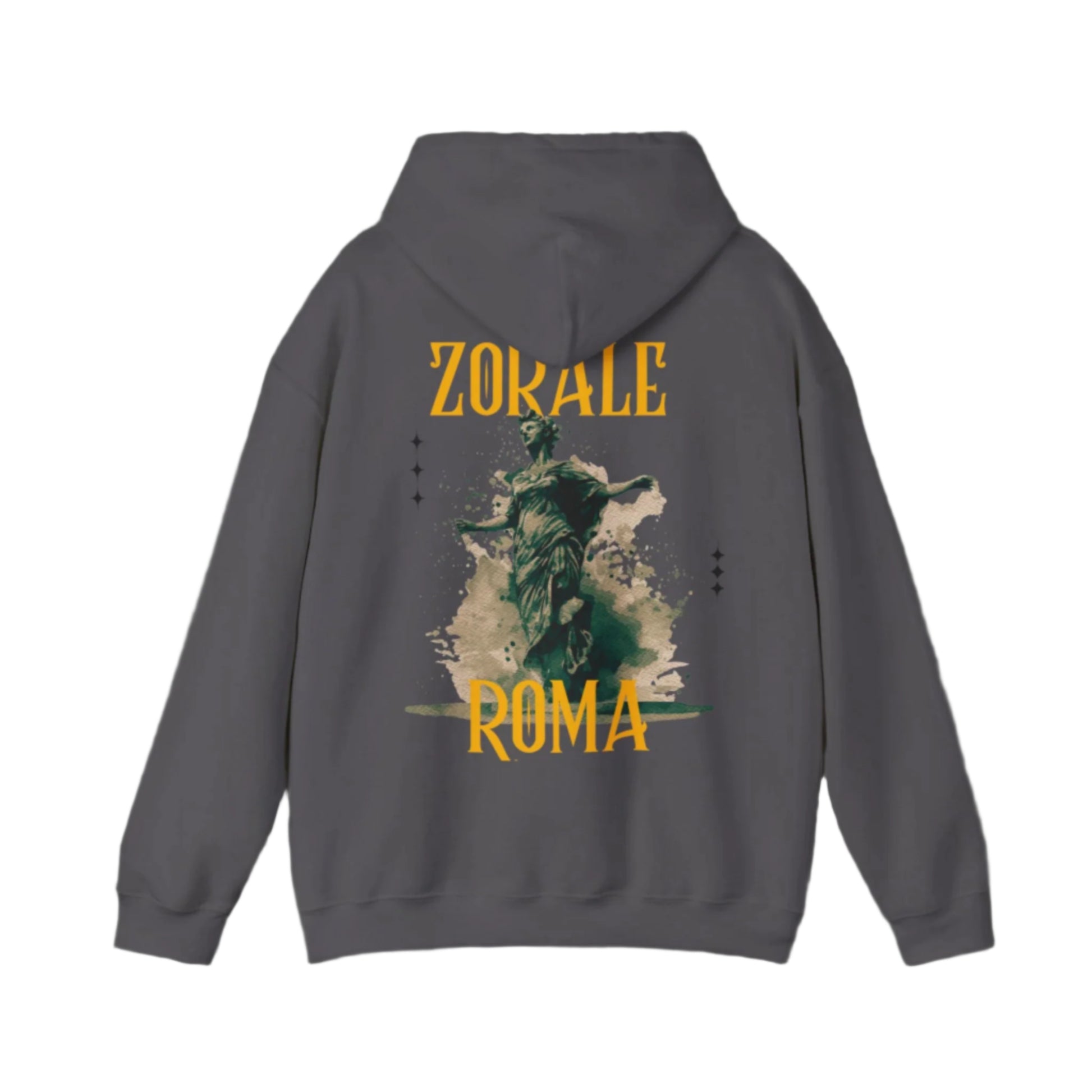 Gray hoodie with 'Zorale Roma' design on the back against a white background
