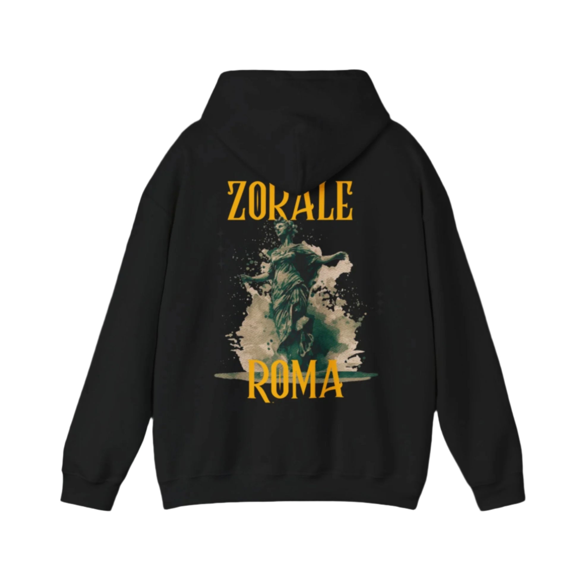 Black hoodie with 'Zokale Roma' text and graphic on the back against a white background