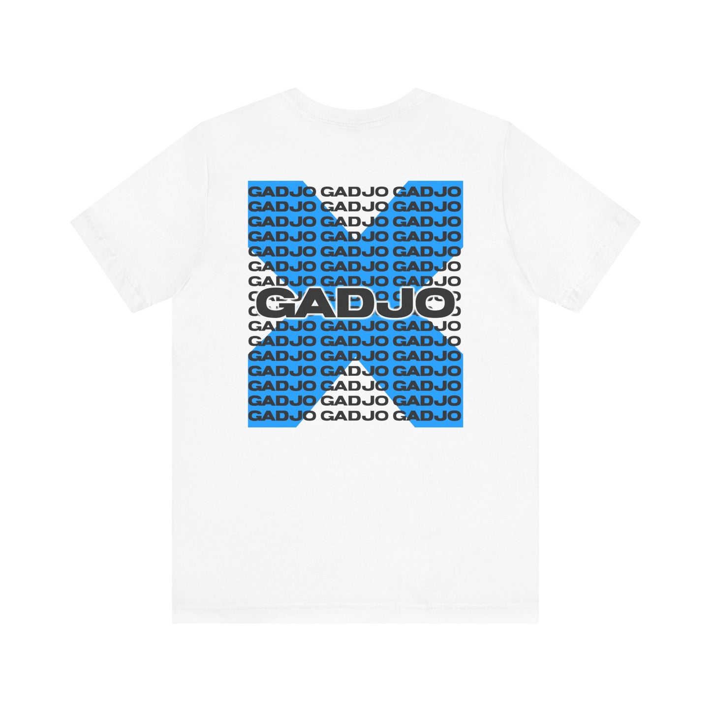 Short sleeve t-shirt with embroidered-style GADJO text and stitched border pattern around it.