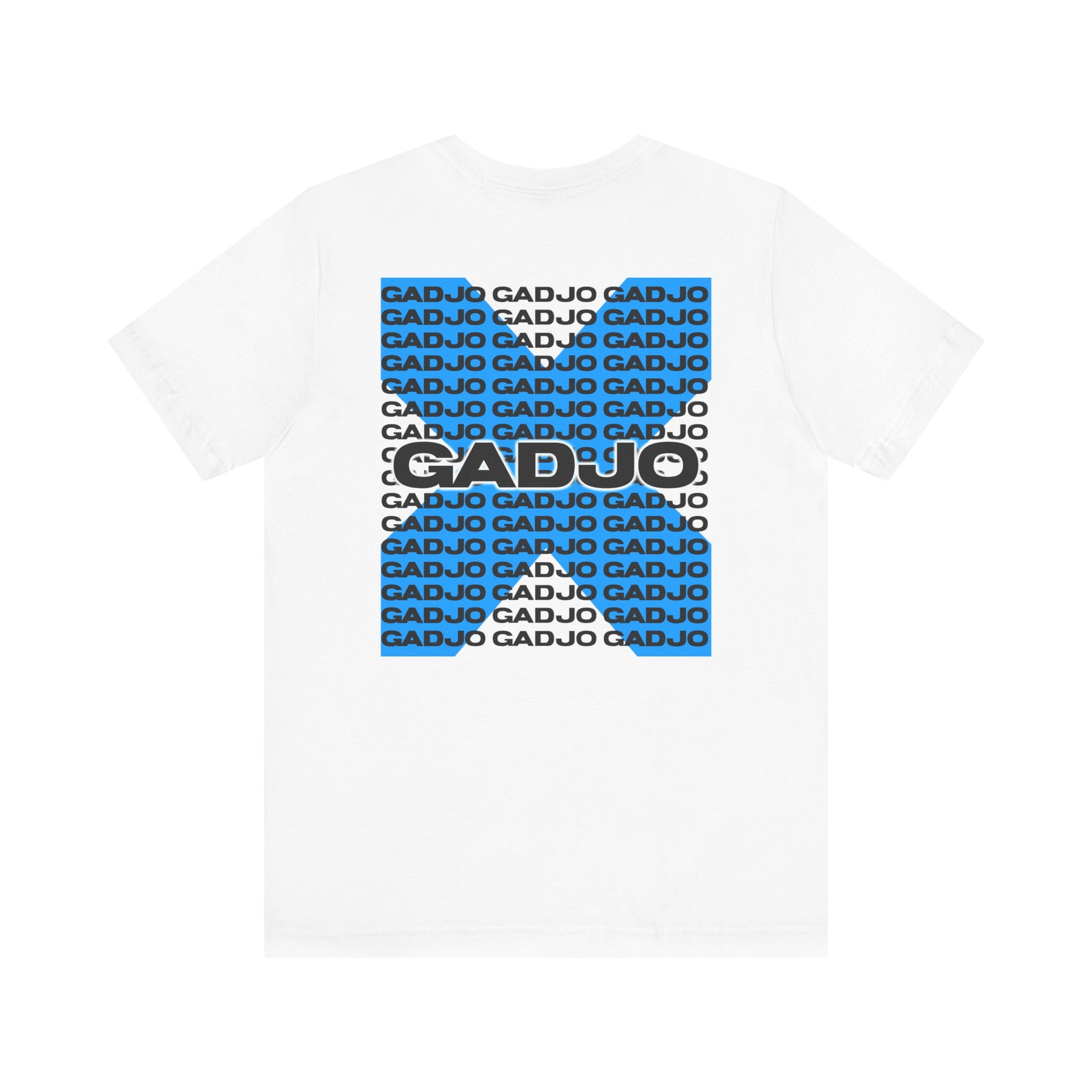 Short sleeve t-shirt with embroidered-style GADJO text and stitched border pattern around it.