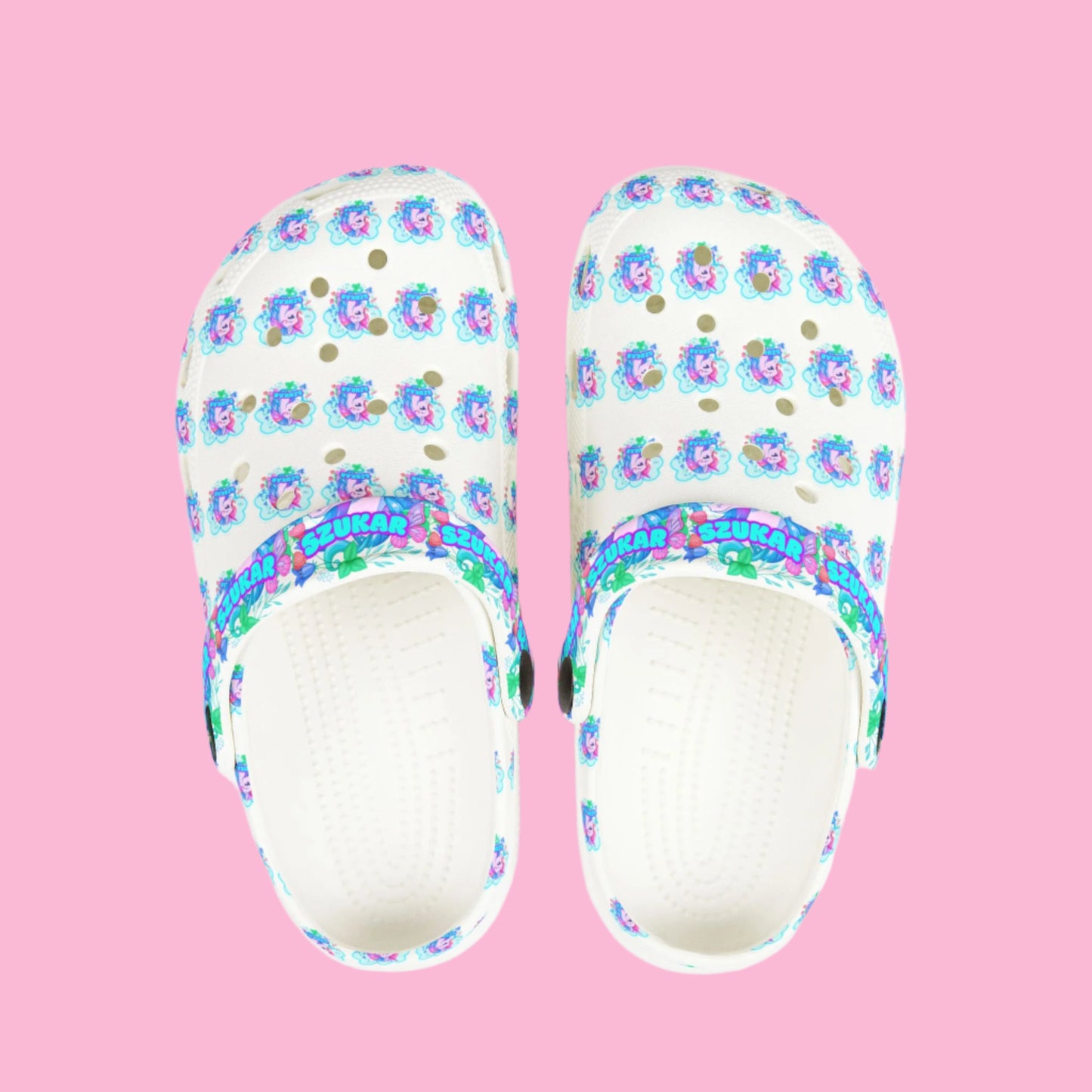 Kids’ Crocs decorated with magical unicorn images and pastel colors.

