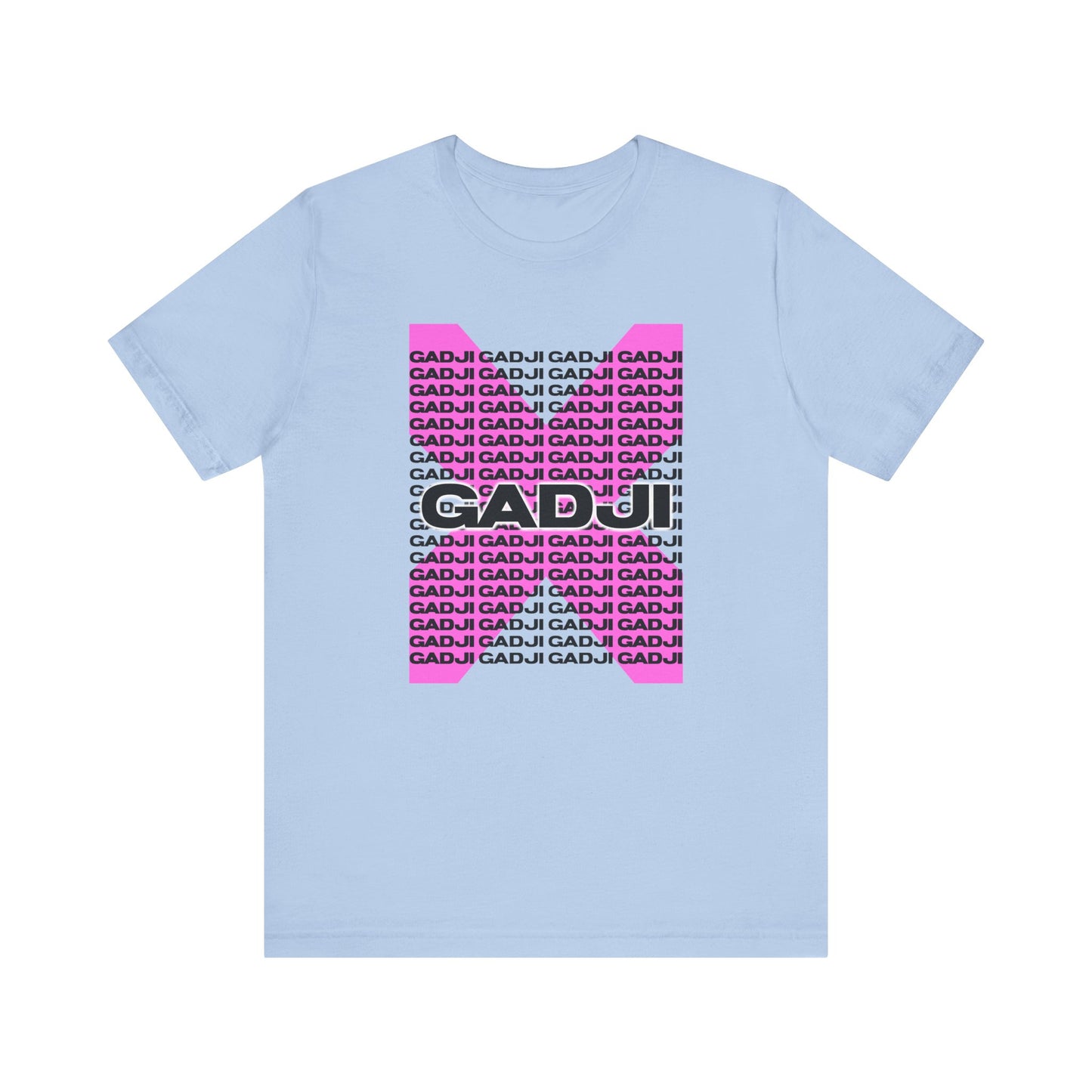 Modern short sleeve shirt featuring stacked GADJI text in alternating colors.