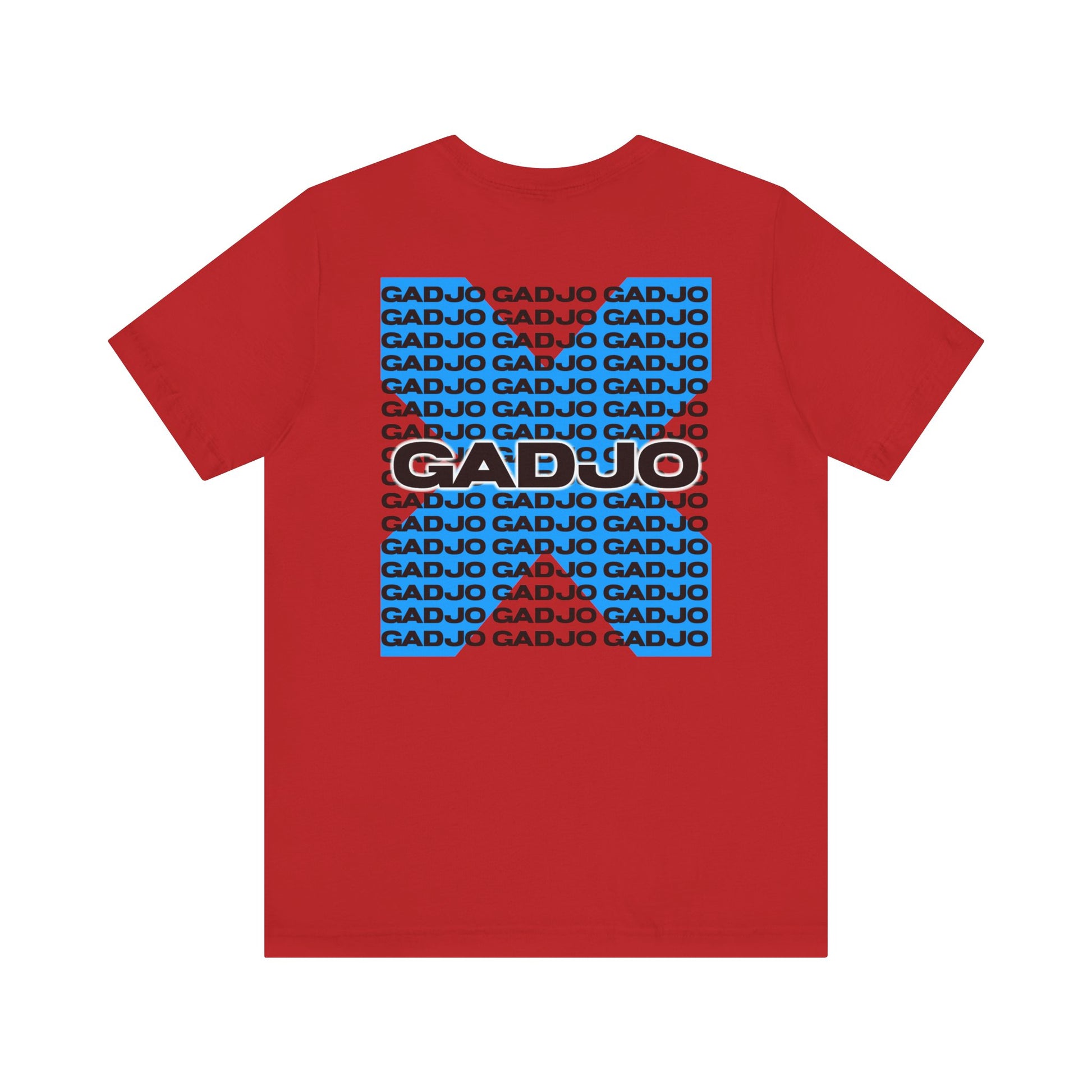 T-shirt design with GADJO lettering formed by colorful threads, giving a handcrafted, stitched look.