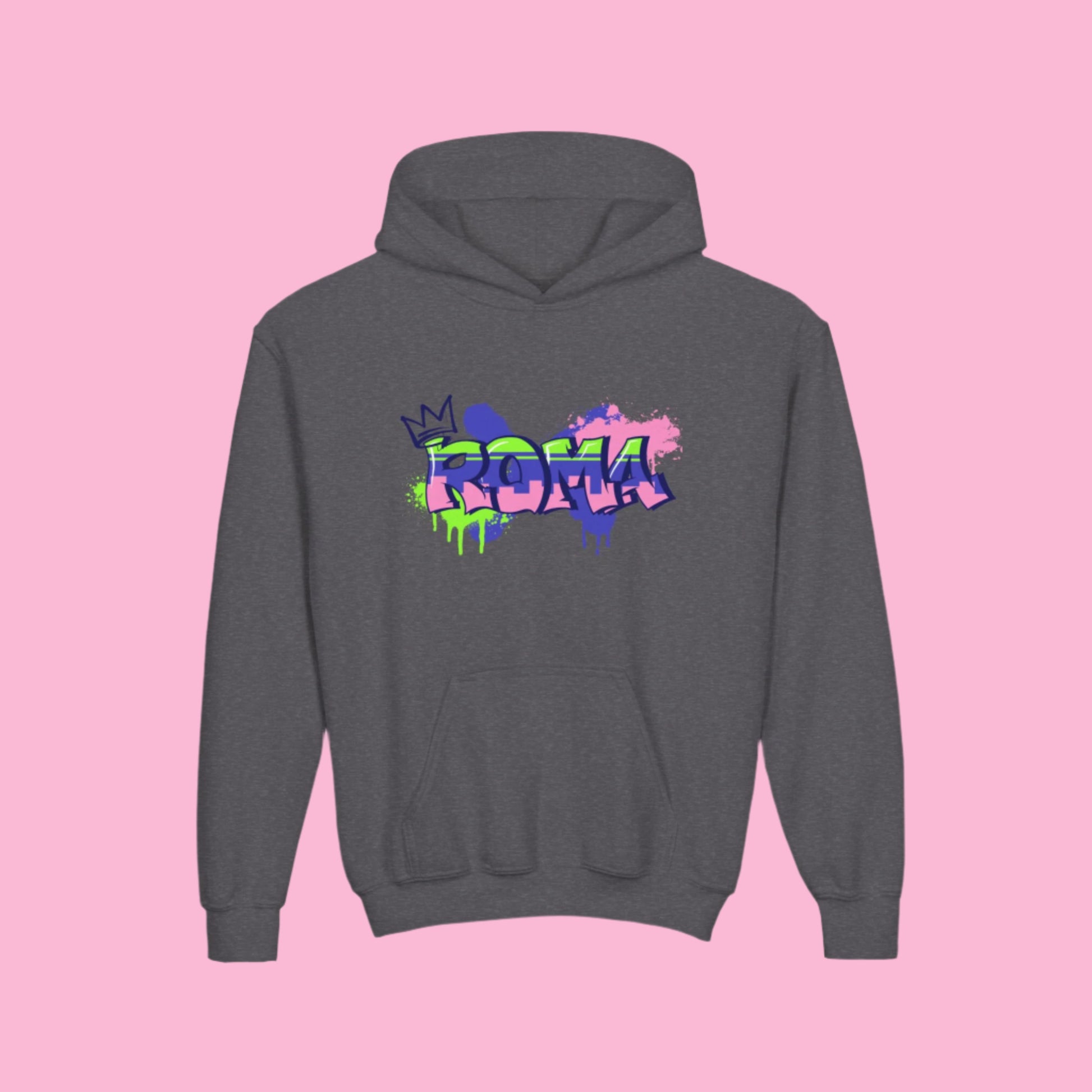 Casual kids hoodie with bright ROMA print, ideal for playful, colorful looks.