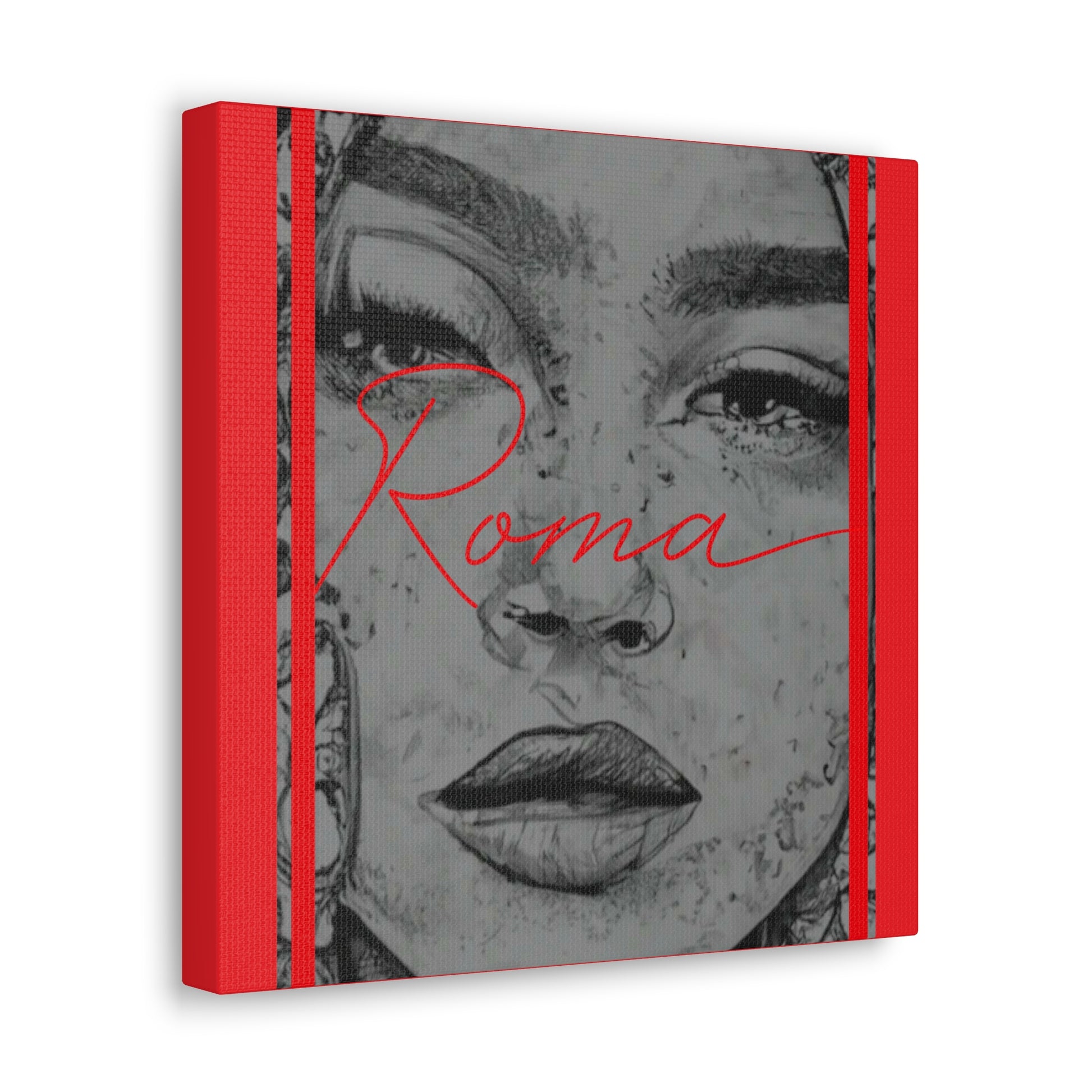 Painterly canvas artwork of a girl's wistful look, her tears subtly present, with ROMA typeface giving a grounding anchor.
