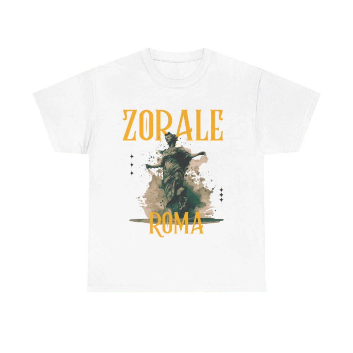 White unisex T-shirt showing ZORALE lettering above a photo-style Roman sculpture

