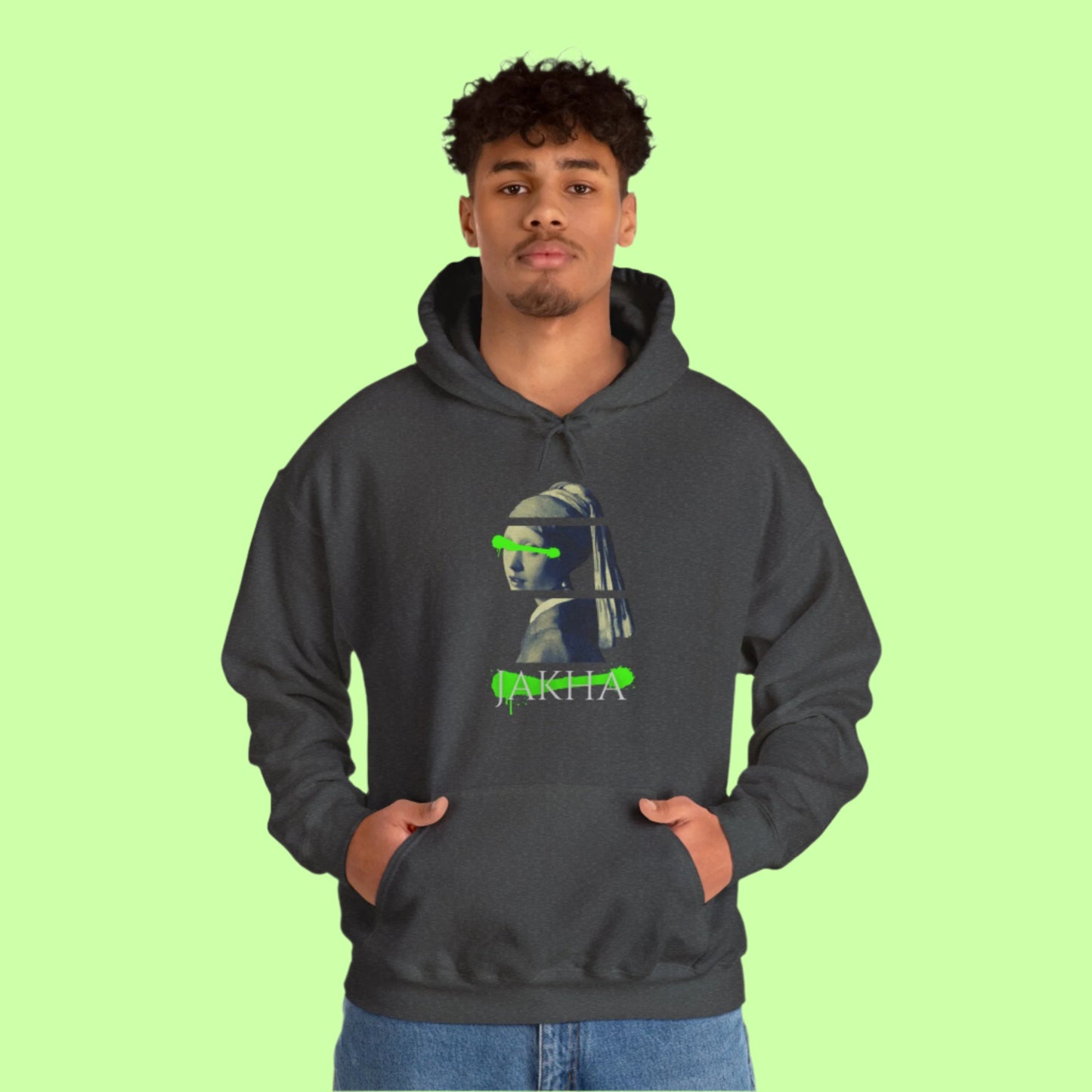 Detailed hoodie print of a Roma girl in profile, with crown elements and minimalist backgrounds.