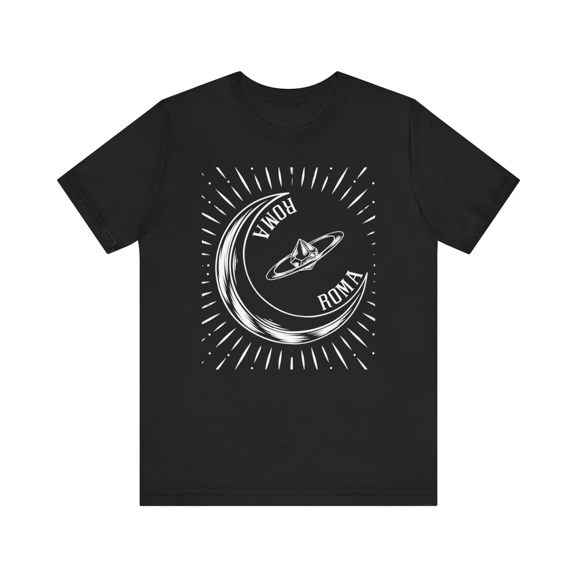 Mystical-style T-shirt with full moon illustration and ROMA brand print