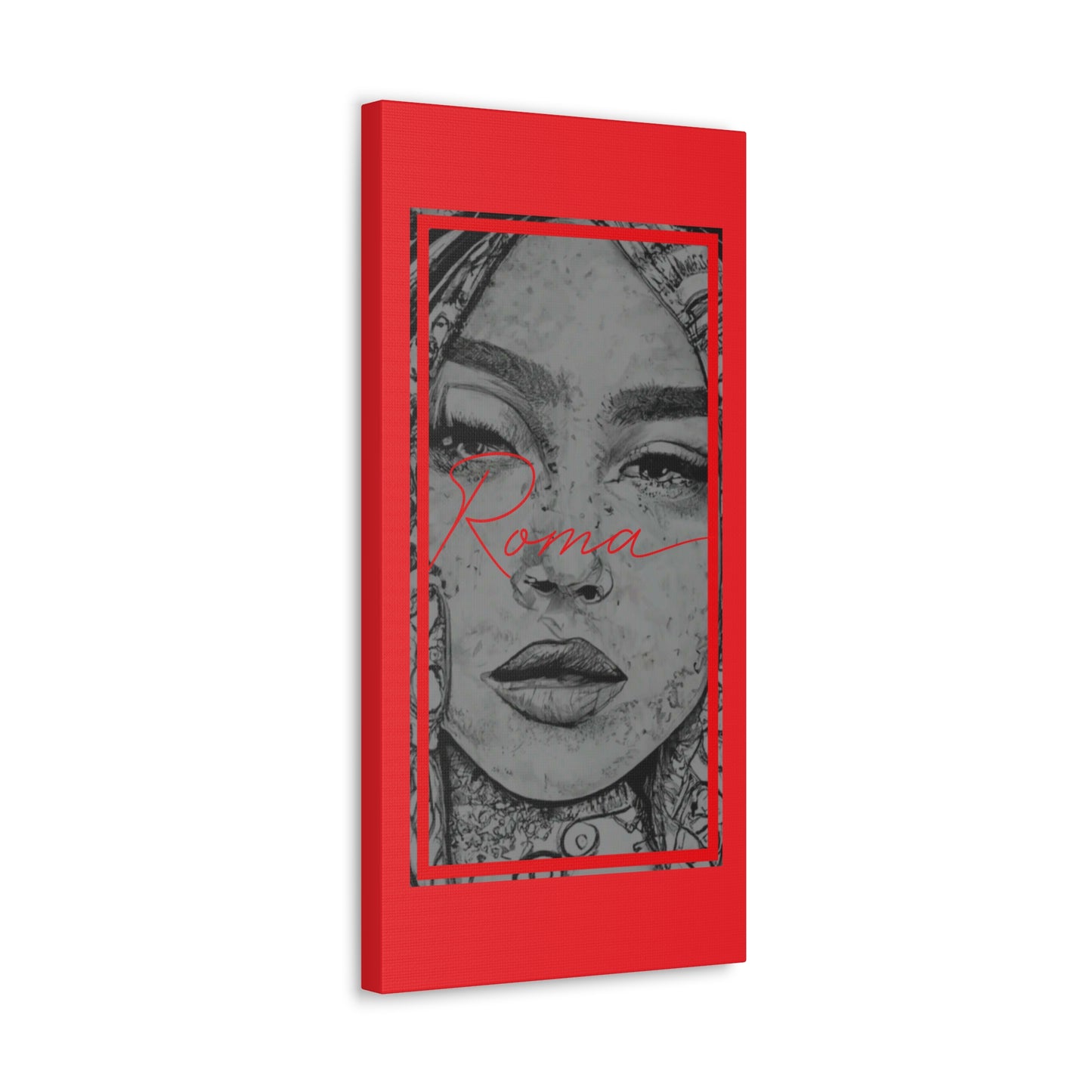 Wall-mounted canvas art featuring a young girl’s reflective gaze, accented by bold, modern ROMA lettering.