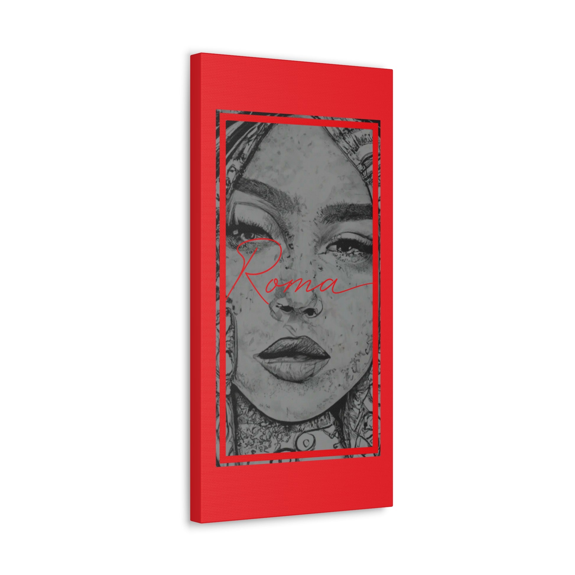Wall-mounted canvas art featuring a young girl’s reflective gaze, accented by bold, modern ROMA lettering.