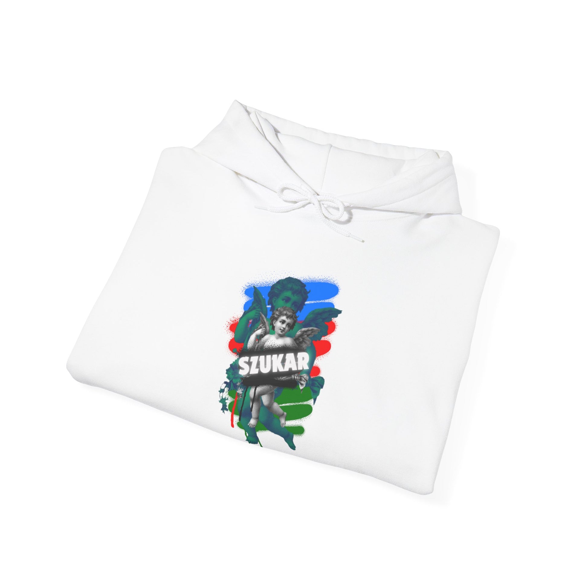 WHITE pullover hoodie with ZORAL ROMA logo and angel print on the chest