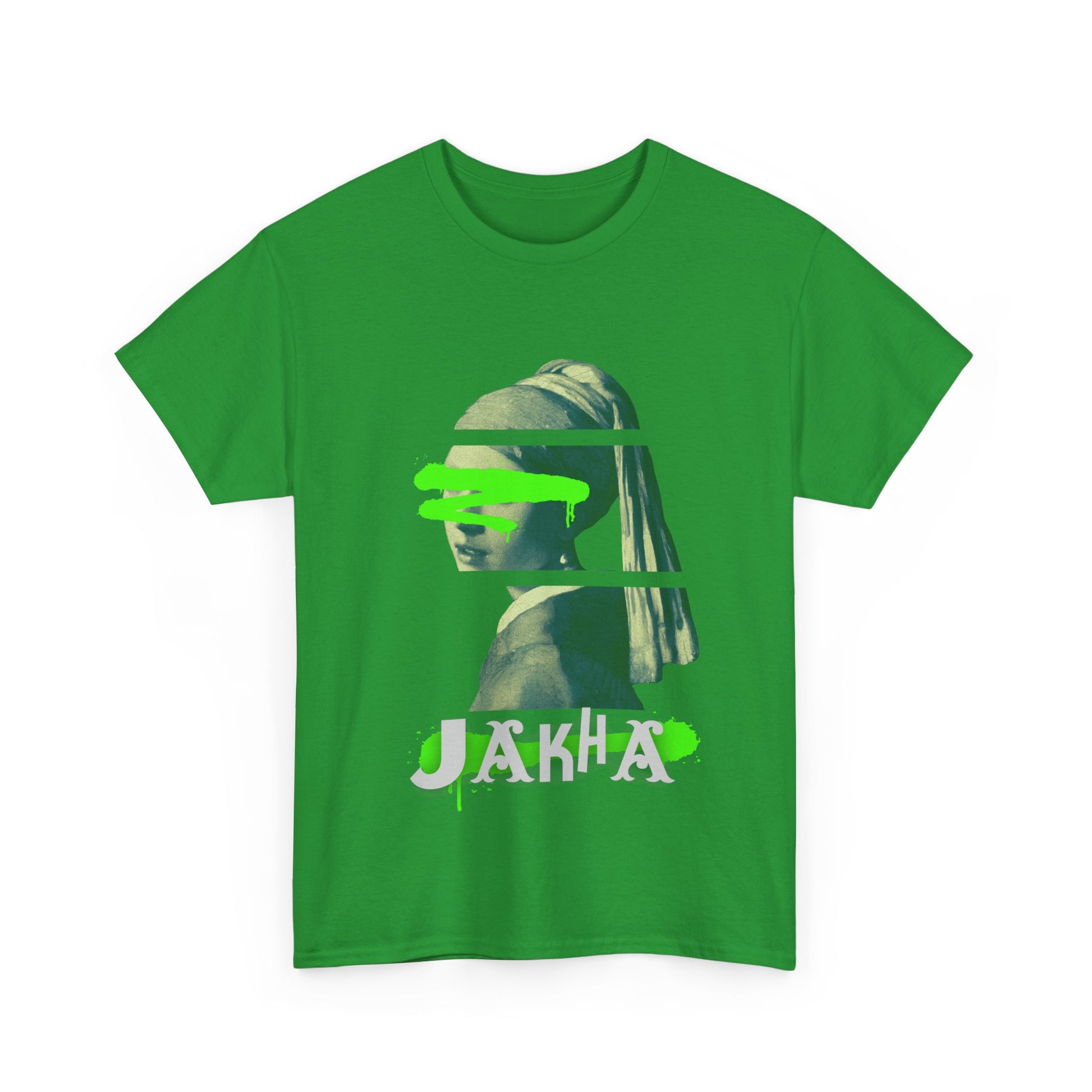 green short sleeve tee with front angel artwork and white text