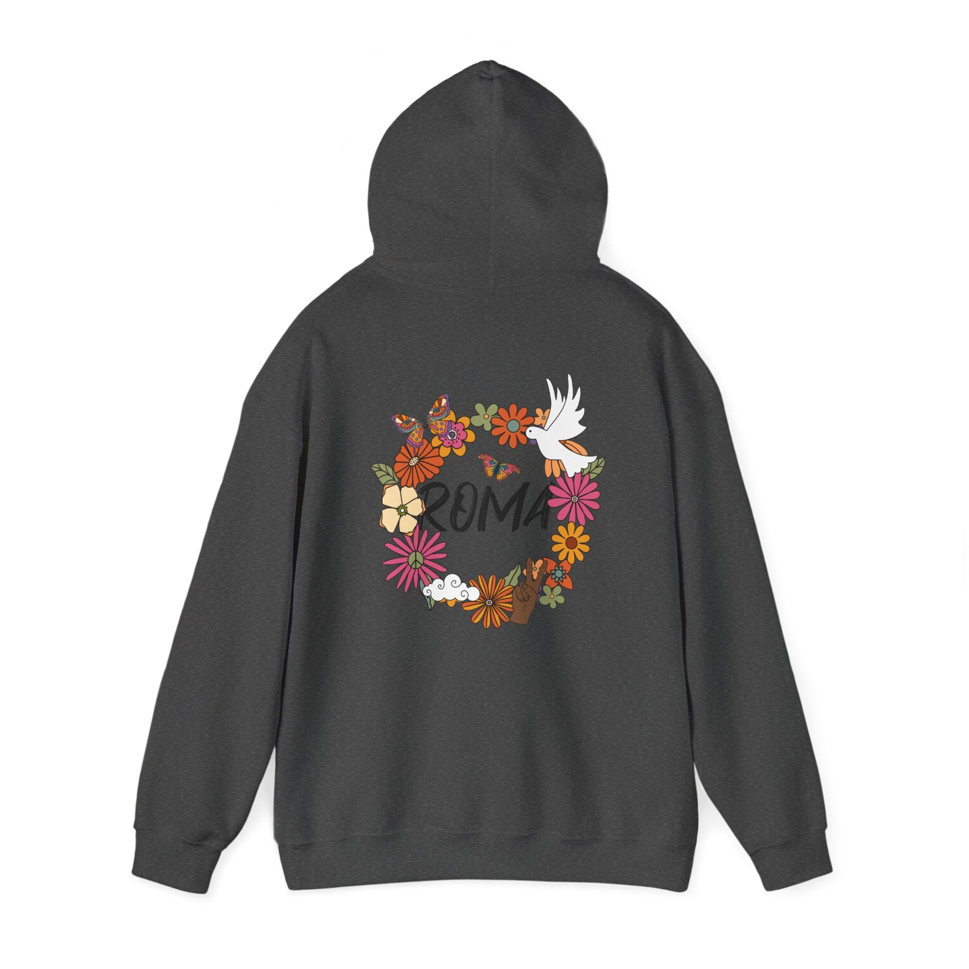 Stylish hoodie featuring a delicate wreath of flowers forming a circle, with a dove perched in the middle and “ROMA” text within.