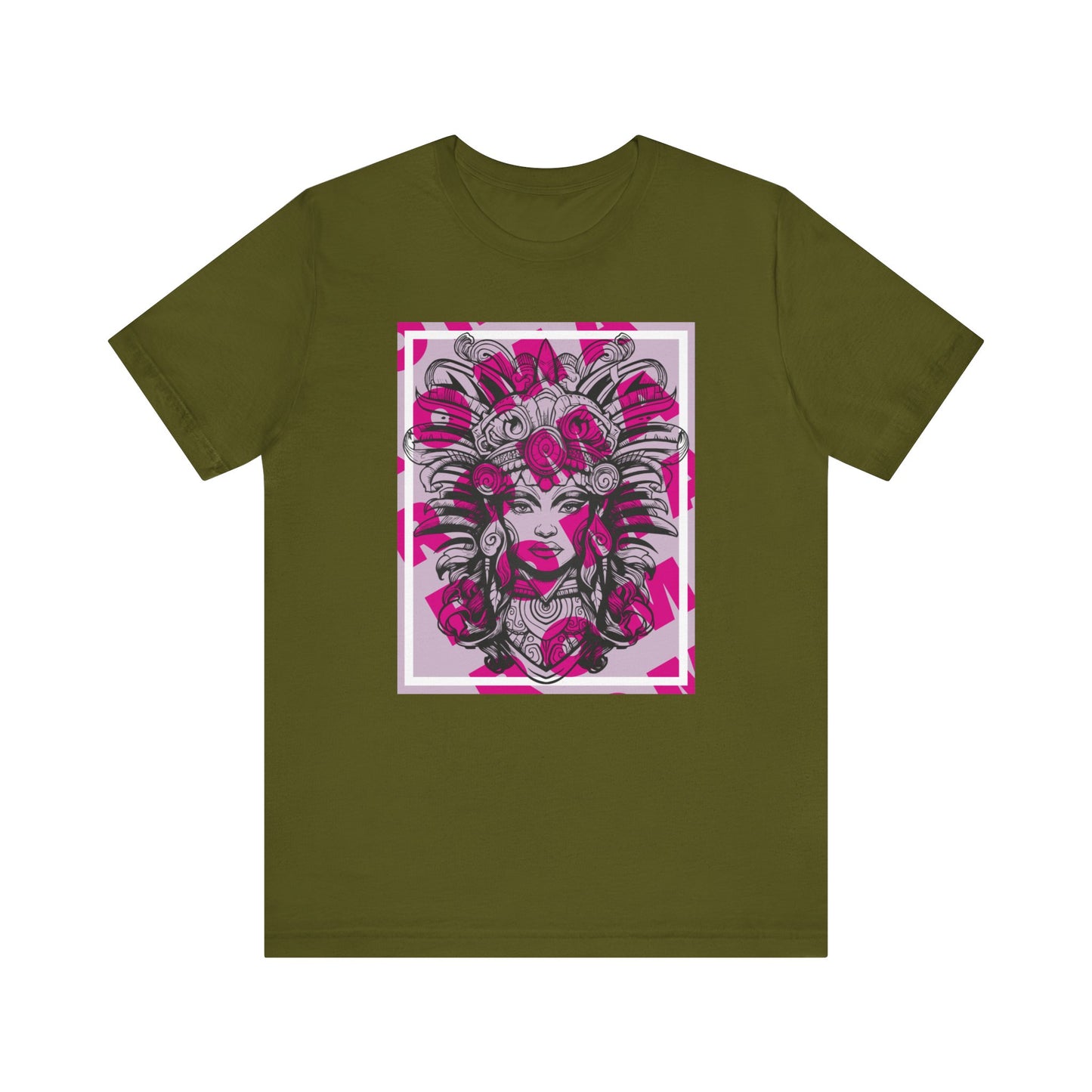 Soft pink short sleeve shirt with golden GADJI text and subtle statue backdrop.