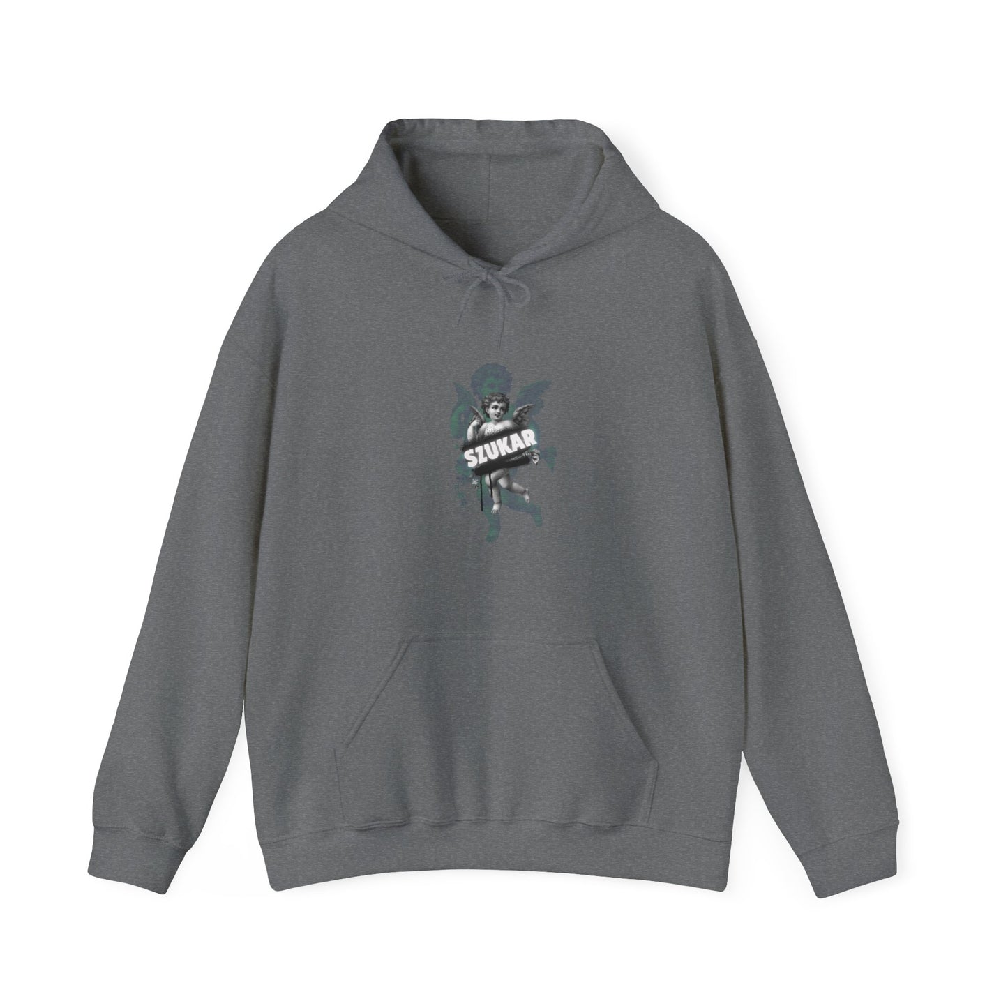 Lounge-ready hoodie displaying mythic angel graphic and handwritten SZUKAR script.