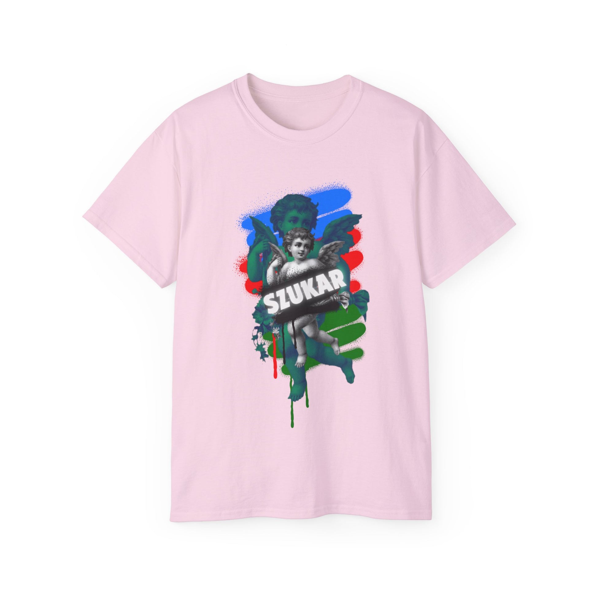 Angel-themed tee with classic wings and a halo, positioned above the empowering phrase 'SZUKAR ROMA' in stylized text.