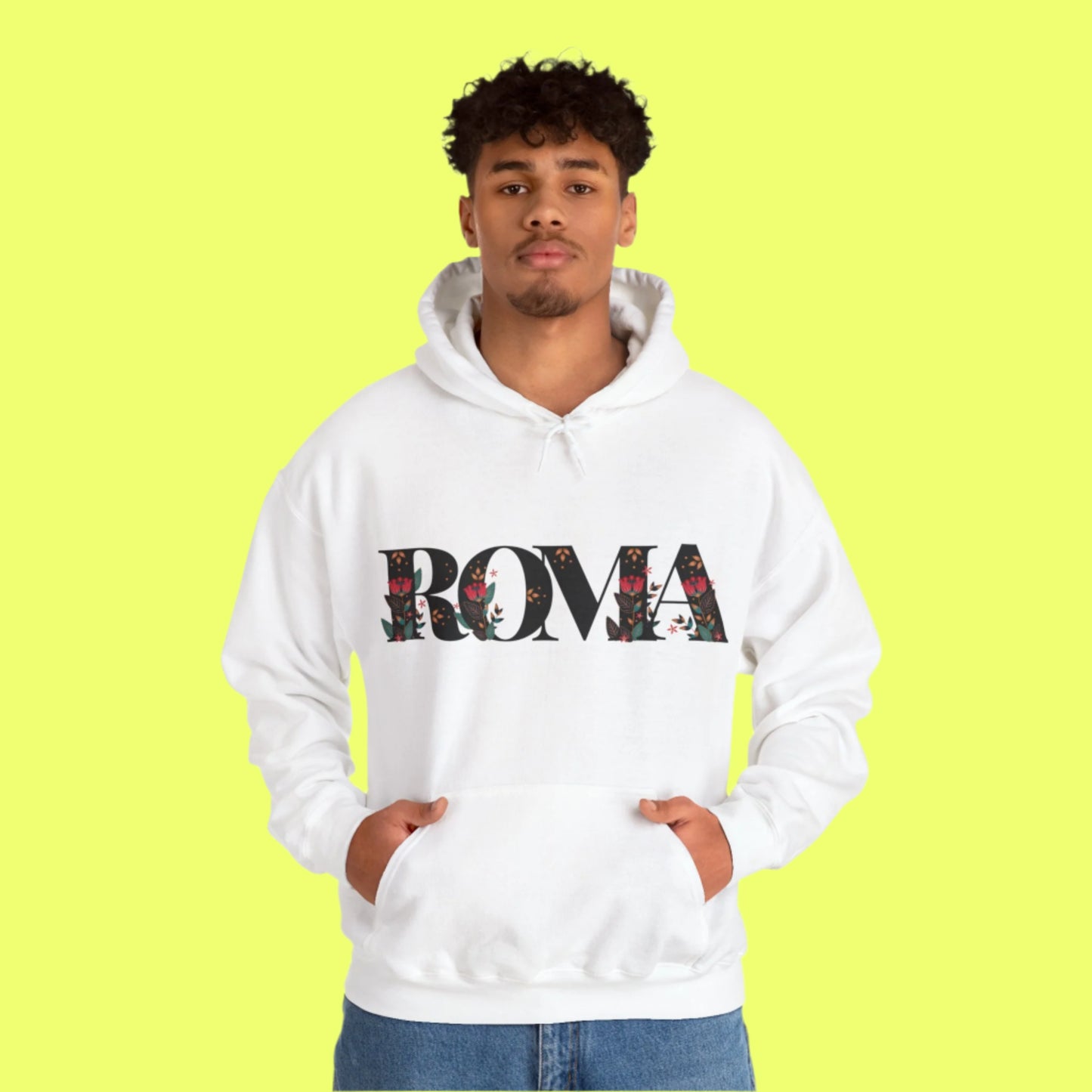 Statement hoodie showcasing ROMA in uppercase with intricate floral detailing.


