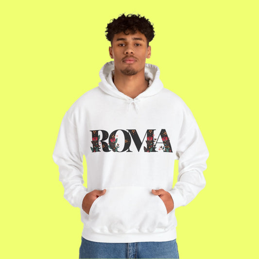 Statement hoodie showcasing ROMA in uppercase with intricate floral detailing.

