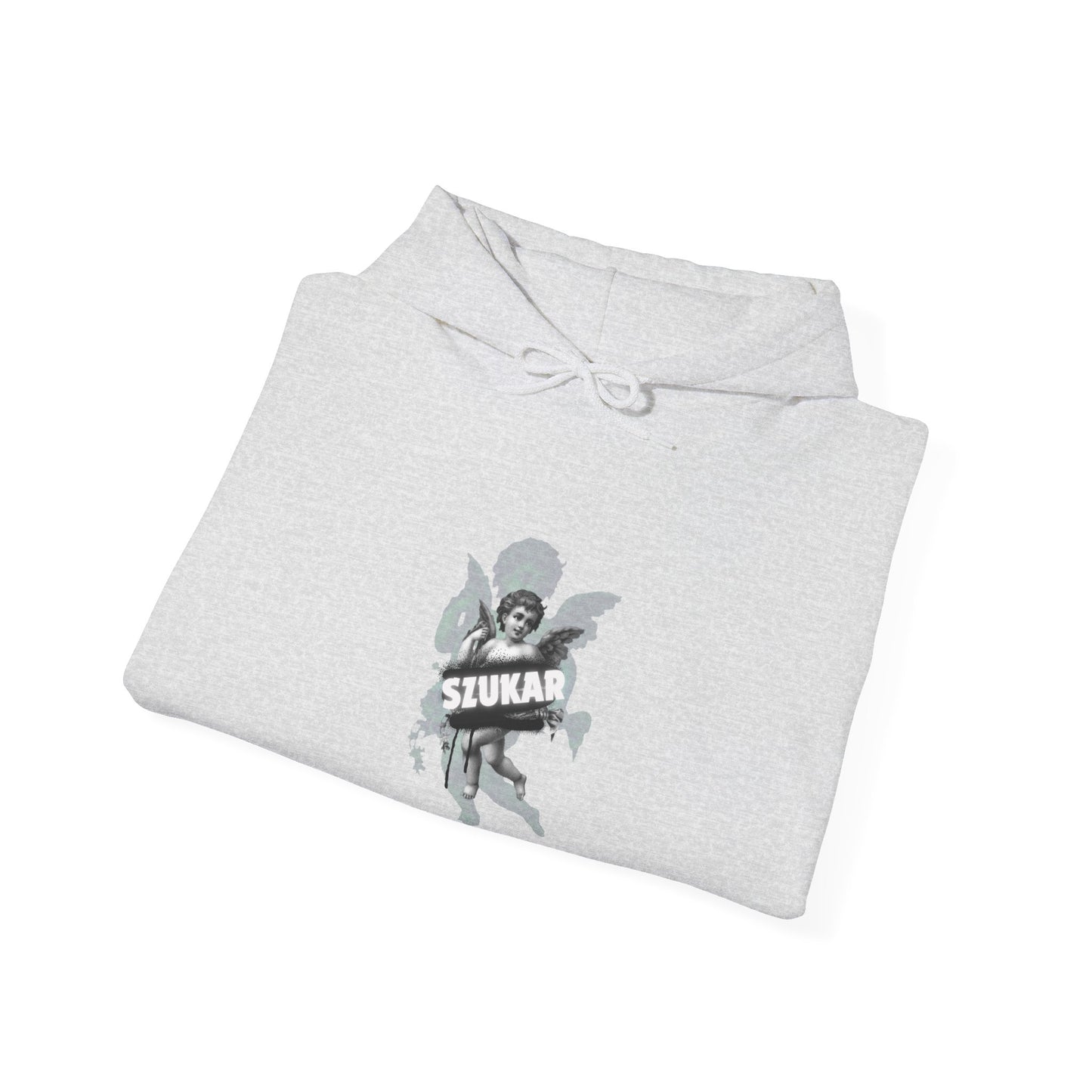 Angel-themed hoodie with artistic brushstroke background and signature ‘SZUKAR’ script.
