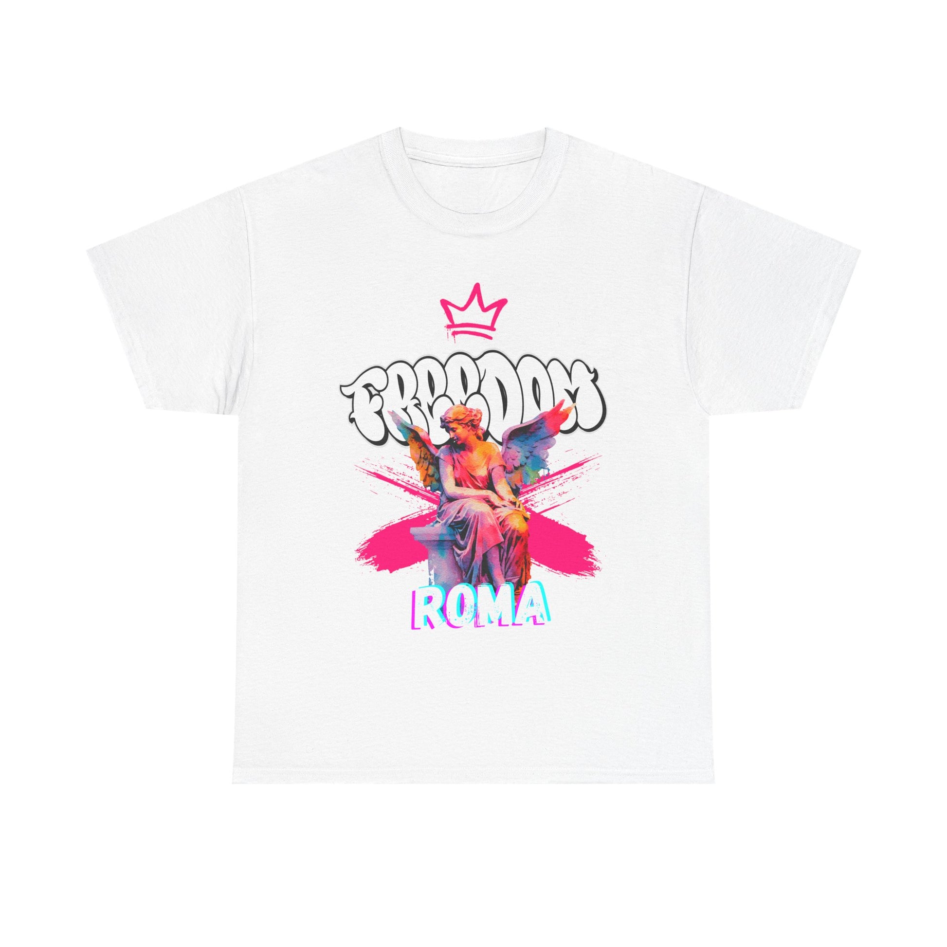 Minimal white shirt with front angel drawing and bold ROMA text