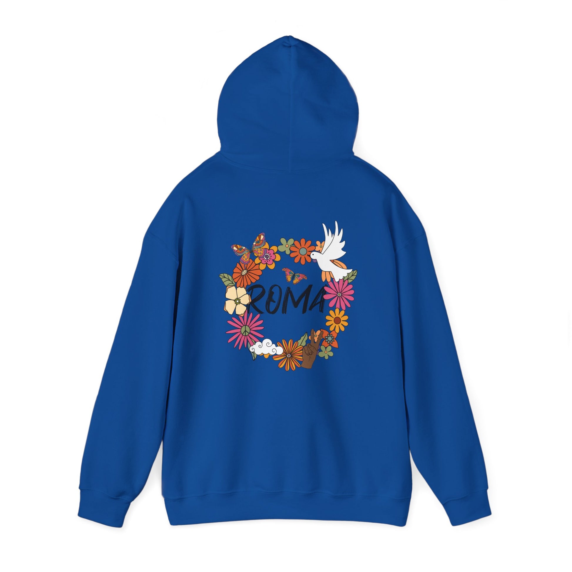 Comfortable hoodie with a circular flower motif and a dove, featuring “ROMA” text delicately placed inside.