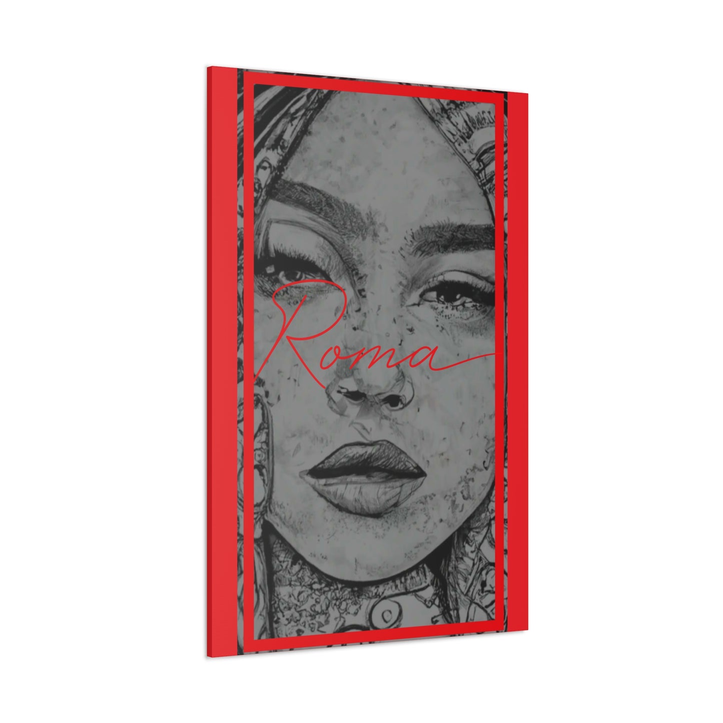 Canvas art showing an intense close-up of a girl’s teary expression with prominent ROMA branding.