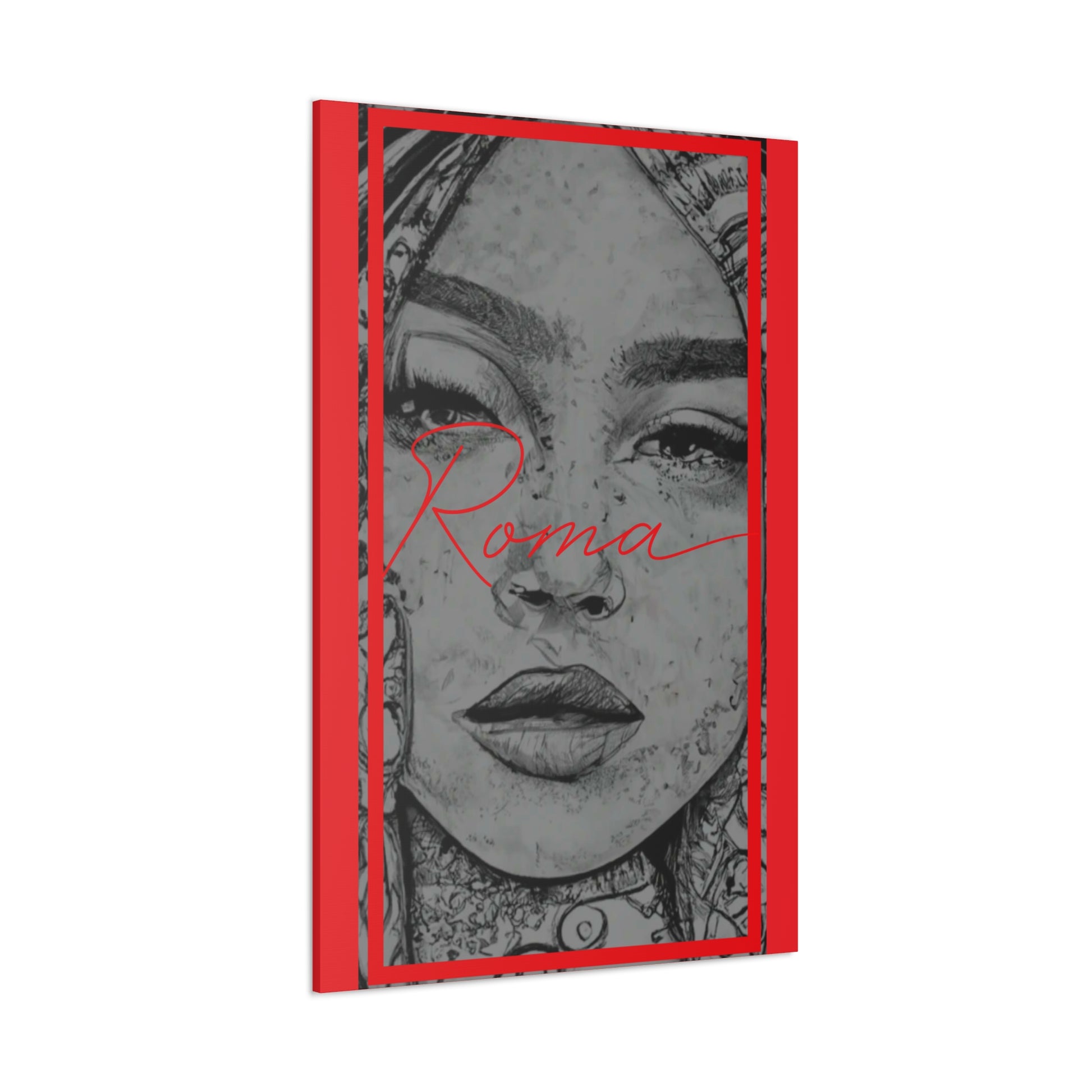 Canvas art showing an intense close-up of a girl’s teary expression with prominent ROMA branding.