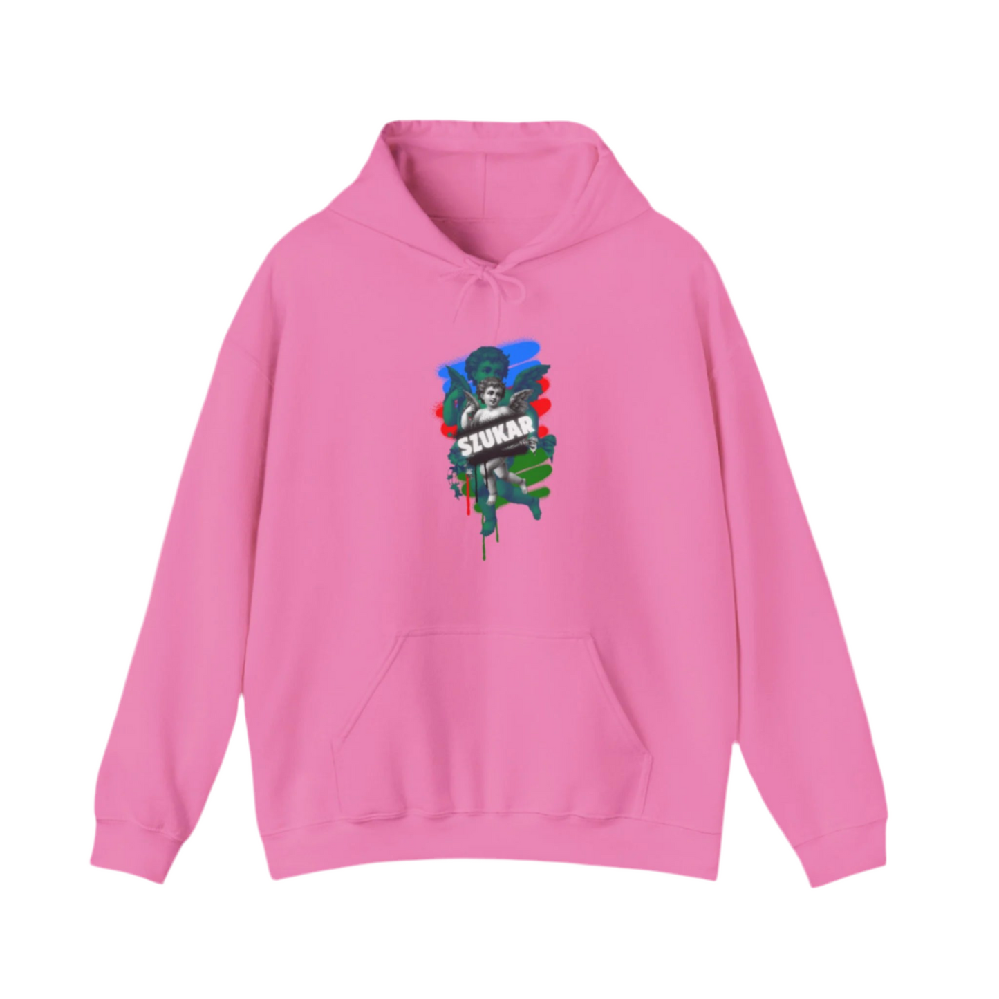  PINK  hoodie featuring angel design and SZUKAR statement lettering