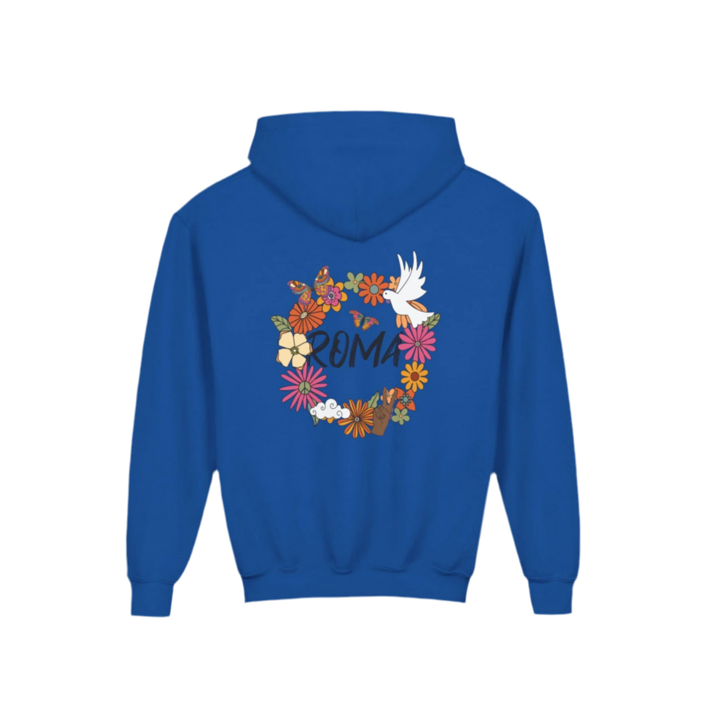 Blue hoodie with floral design and 'Roma' text on the back against a white background