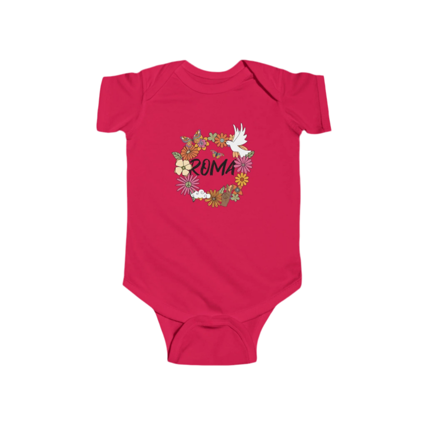 Red baby onesie with floral design and 'Roma' text on a white background