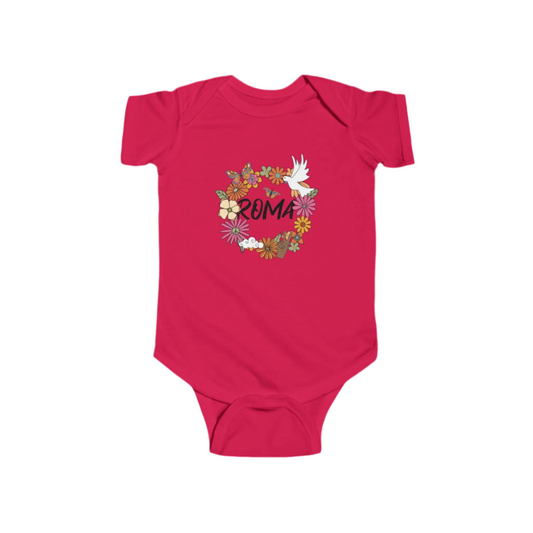 Red baby onesie with floral design and 'Roma' text on a white background