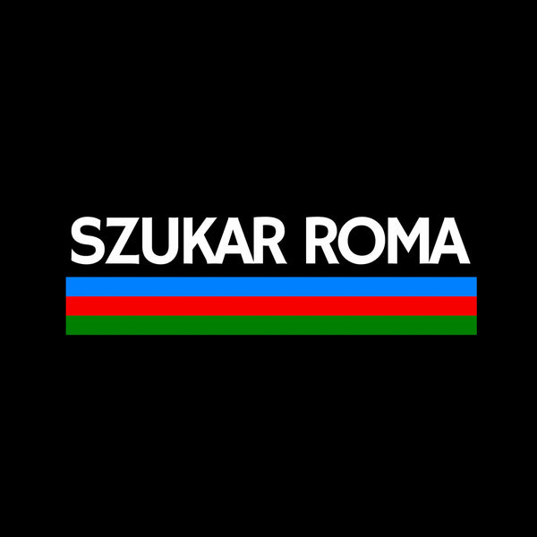 Text 'SZUKAR ROMA' with colored stripes on a black background