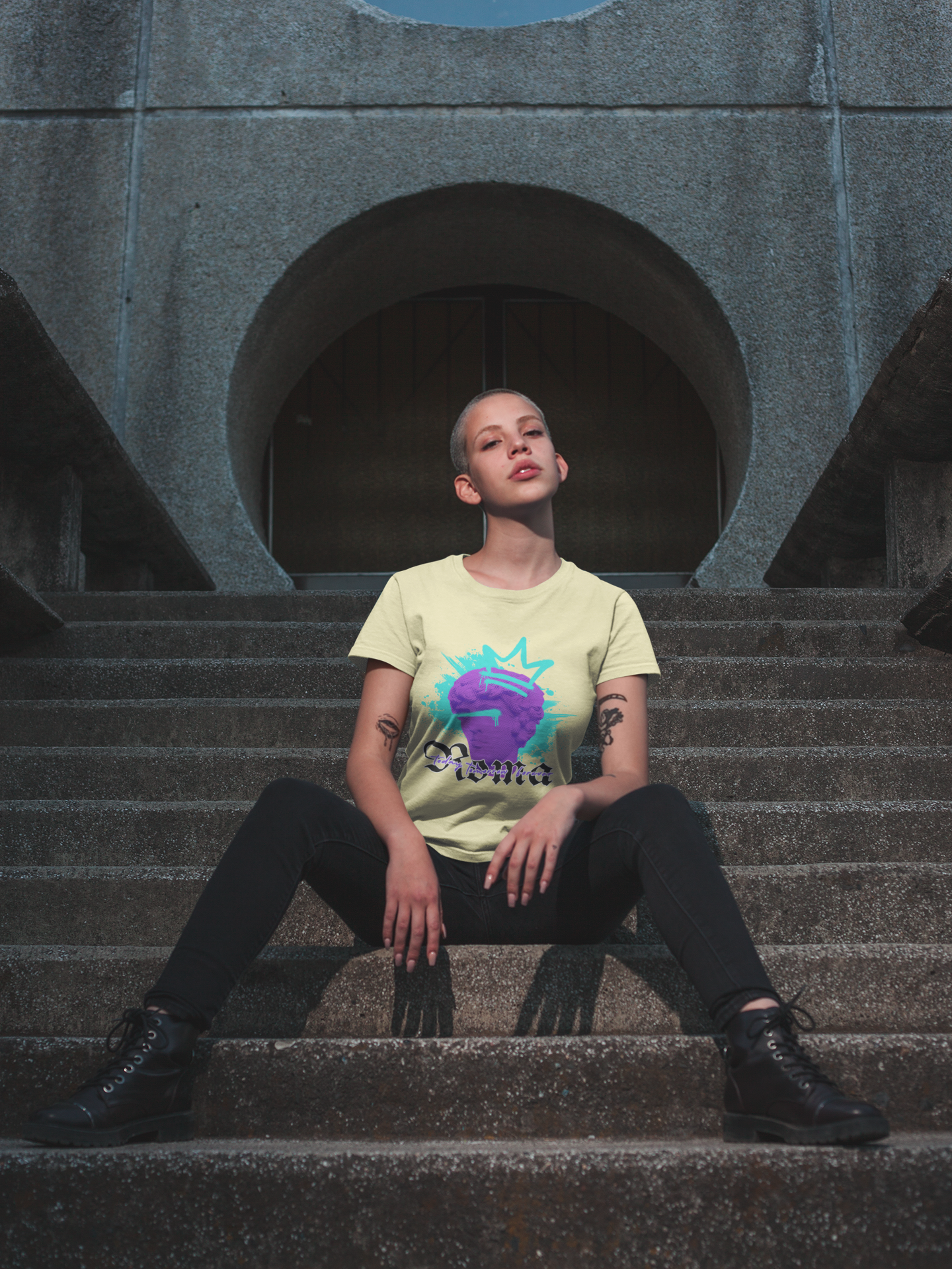mockup-of-a-trendy-girl-with-tattoos-wearing-a-t-shirt-on-street-stairs