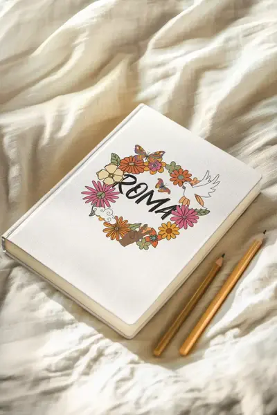 Notebook with floral design and 'Roma' text on a soft fabric background