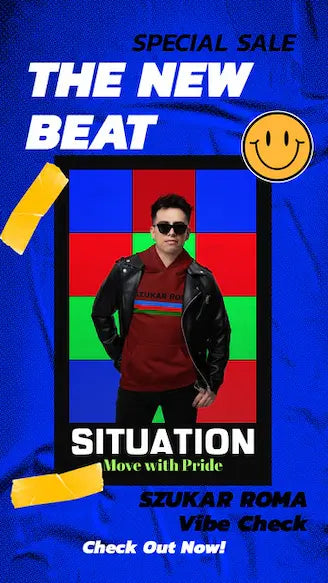 Promotional poster for 'The New Beat' with a person in front of a colorful background and text elements.